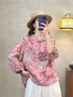 絶対欲しい プリント 七分袖 ブラウス エレガント レトロデザイン 柔らかくて