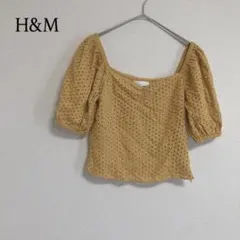 エイチアンドエム 半袖 総柄 ブラウス クロップド ショート丈 36 イエロー