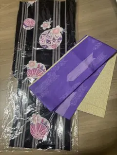 黒地ピンク花柄浴衣・紫帯セット