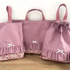 1329 レッスンバッグ　上履き入れ　体操服袋　ピンク　花　リボン　ハンドメイド