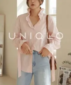 【新品】UNIQLO ユニクロ フリルシャツ ブラウス 淡 ピンクのサムネイル