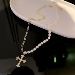 高品質 淡水パール クロス パール ネックレス レディース 小粒 天然 n054
