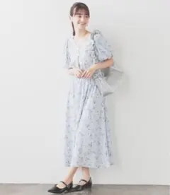 Honeys ワンピース ボリューム袖ワンピース 花柄 ライトブルー