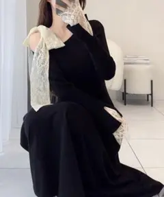 mily bilet レースリボン使いワンオフショルニットワンピース