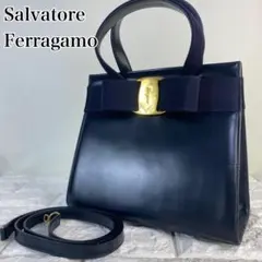 サルヴァトーレフェラガモ　ハンドバッグ　2WAY ヴァラリボン　ネイビー　レザー