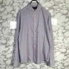 BEAMS HEART　（L）　ストライプ長袖シャツ　ワイドカラー　赤青白