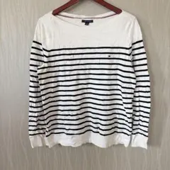 トミーヒルフィガー【L】ボーダー 長袖 セーター ボートネック ニット ホワイト