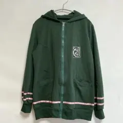 希少 サブカル地雷系 耳付きジップパーカー 深緑×ピンク ライン アニマル 古