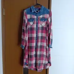 チェック柄デニム襟チュニック L
