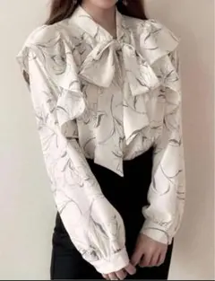 GRL 花柄フリルボウタイブラウス 長袖