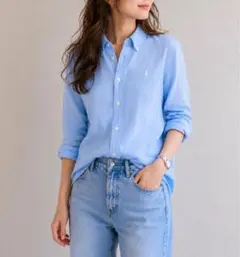 【美品】✨ポロラルフローレン大人気サックスブルーボタンダウンリネンシャツのサムネイル
