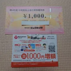 ビックカメラ 株主優待券 1000円　ラクウル増額