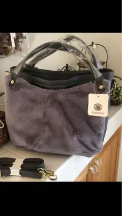 【COOCO】ハンドバッグ ショルダーバッグ　ふわふわファー　グレー　2way