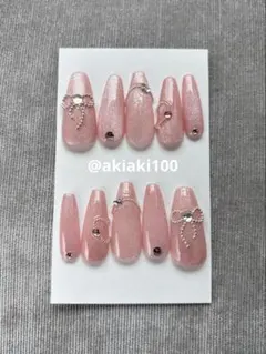 ネイルチップ　オリジナルカラーりぼんハートワンホンマグネットストーンワンカラー