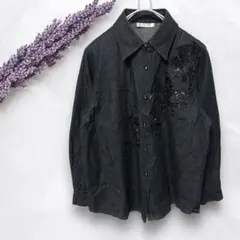 TEE-HOUSE✨️ビジュー付きシャツ 花柄刺繍 ヴィンテージ レトロ感