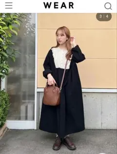 Samansa Mos2♡未使用♡長袖配色レースワンピース♡ブラック♡