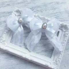 量産型　ヘアクリップ　2個セット　白　パール　オーガンジー