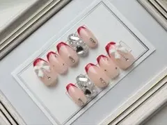 ネイルチップ 春 赤 フレンチ リボン 埋めつくし ガーリー ショートバレリーナ