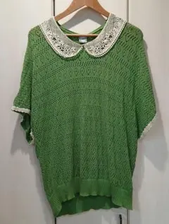 comfy レース襟 ニット 半袖 グリーン