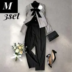 王道モノトーンセレモニーママスーツ M3点 ツイード×美脚パンツ 入学式 通勤