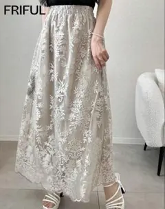 SHEIN FRIFUL 花柄レース ロングフレアスカート ベージュ S