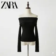 ザラ テクスチャーニット オフショルダートップス ブラック S バンドゥ 春夏