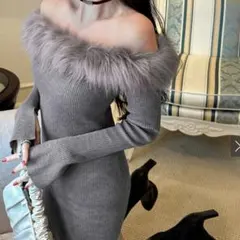 ファーオフショルダーニットミニワンピース[an1346]