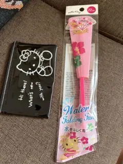 HELLO KITTY　50周年 80's フラットポーチ 黒 日焼けキティ扇子