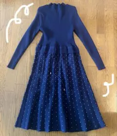 紺 ブルー ニット 水玉 ドット ロングワンピース 春服 フォーマルにも◎