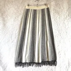ナウクローゼット ヘリンボーン ニットスカート ロング フリンジ L 白黒