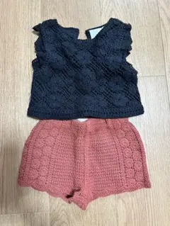 ZARA クロシェ編み　黒トップス　茶色ショートパンツセット 86cm