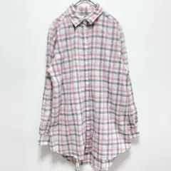 ユニクロ|チェック柄 コットン 長袖シャツ【L】ロールアップ可 丈長め ピンク