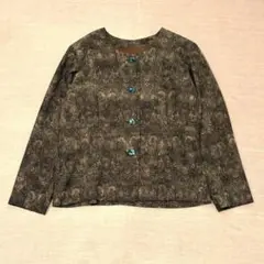 ノーカラージャケット ペイズリー柄 M相当 ターコイズブルーボタン レトロ古着のサムネイル