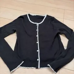 ブラックリブ編み長袖カーディガン