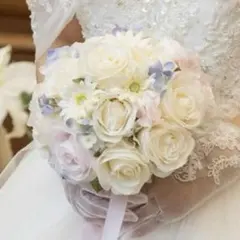 アイボリー×ピンク×水色ラウンドブーケ☆ブートニア