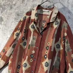【レトロ 総柄 長袖 ブラウス】オープンカラー ポリシャツ開襟 デザインシャツ
