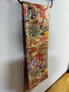 両面　美しい多色花柄 扇子模様 角帯 絹製　中古品