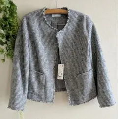 ノーカラージャケット M グレー ツイード風