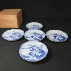 小皿 染付印判 梅 鶴 5枚 窯傷 歪み 明治 大正 昭和初期 木箱