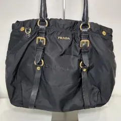 PRADAクリムソン ストライプ ギャザー ナイロン レザー切替 