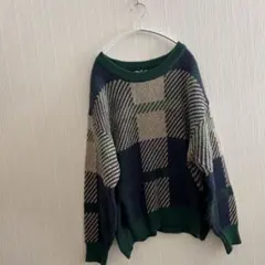 チェック柄ニットセーター新品タグ付き４Ｌ青緑ベージュゆったり