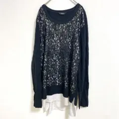 美品✨長袖ニット【XL】セーター シャツ 重ね着風 レイヤード レース ブラック