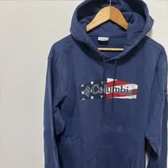 US古着Columbiaプリントネイビー紺フードパーカー