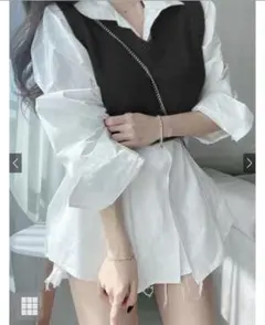 ニットベスト×シャツワンピースセットアップ