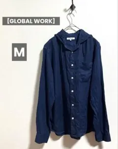 グローバルワーク メンズ 長袖 麻混 フード付きシャツ M ネイビー