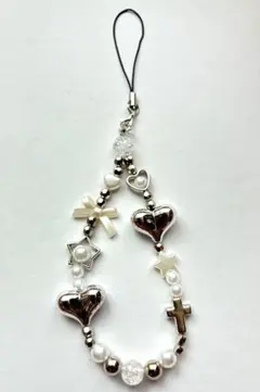ハンドメイド　ビーズストラップ韓国風 パール　シルバー