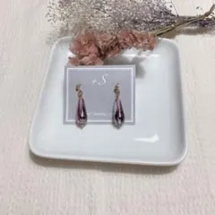 【M-277】チェコドロップのピアス　パープル　ハンドメイドピアス