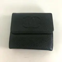 シャネル キャビアスキン ココマーク 三つ折り Wホック財布 ブラック 7番台