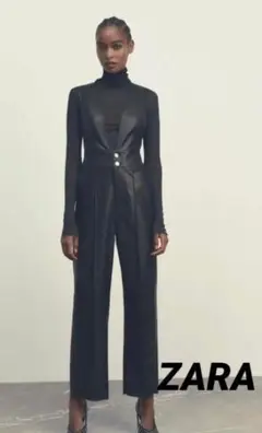 ザラ ZARA フェイクレザー オールインワン L 黒 ブラック