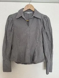 ZARA チェック柄 パフスリーブシャツ M